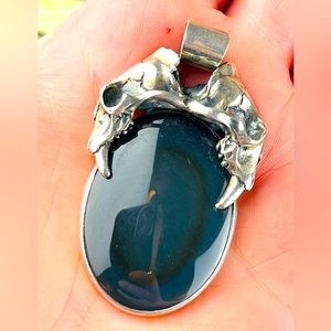 Sterling Double Saber Skulls Rainbow Obsidian Pendant